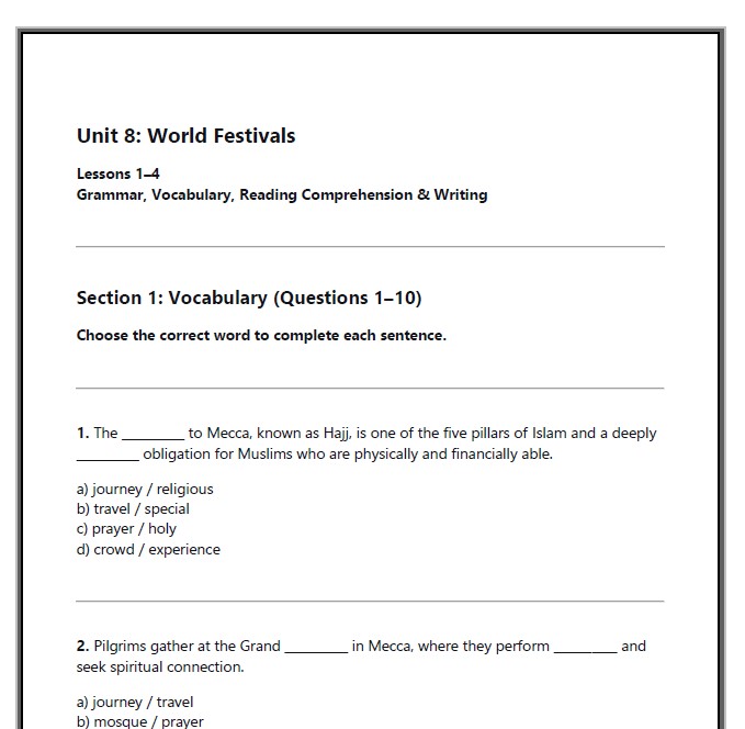 أوراق عمل Unit 8 World Festivals اللغة الإنجليزية الصف الثامن الفصل ...