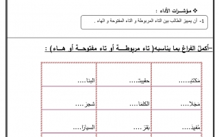 ورقة عمل درس التاء المربوطة والمفتوحة لغة عربية الصف الثاني - نموذج 4