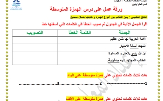 ورقة عمل إثرائية درس الهمزة المتوسطة اللغة العربية الصف الخامس الفصل الأول