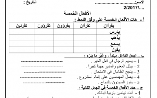 ورقة عمل درس الأفعال الخمسة لغة عربية الصف الثامن