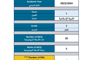 هيكل امتحان التربية الإسلامية الصف الثالث الفصل الأول 2023-2024