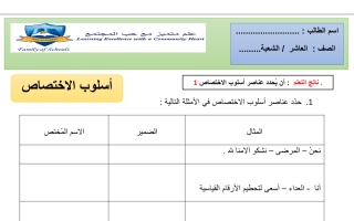 ورقة عمل درس أسلوب الاختصاص اللغة العربية الصف العاشر