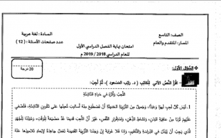 امتحان نهاية الفصل لغة عربية الصف التاسع الفصل الأول - نموذج 3