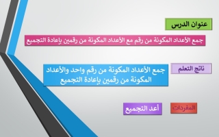 درس جمع الأعداد المكونة من رقم مع الأعداد المكونة من رقمين بإعادة التجميع الرياضيات المتكاملة الصف الثاني