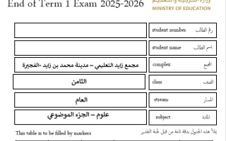 نموذج تدريبي الجزء الموضوعي العلوم المتكاملة الصف الثامن عام