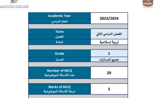 هيكل امتحان التربية الإسلامية الصف الخامس الفصل الثاني 2023-2024