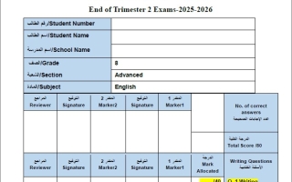 حل امتحان نهائي اللغة الإنجليزية الصف الثامن الفصل الدراسي الثاني 2025-2026
