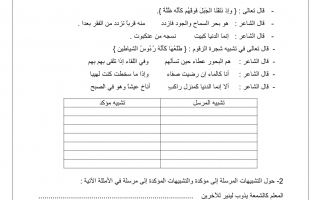 ورقة عمل درس التشبيه المرسل والمؤكد لغة عربية الصف الثامن