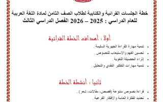 خطة الجلسات القرائية والكتابية اللغة العربية الصف الثامن الفصل الثالث