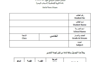 امتحان نهائي لأصحاب الهمم التربية الإسلامية الصف الخامس الفصل الدراسي الأول 2025-2026
