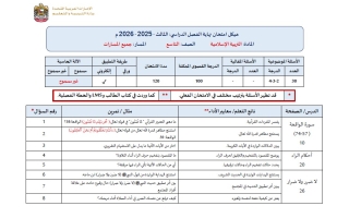 هيكل امتحان التربية الإسلامية الصف التاسع الفصل الدراسي الثالث 2025-2026