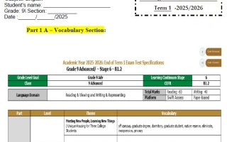نموذج تدريبي Training Form for the Final Test اللغة الإنجليزية الصف التاسع متقدم