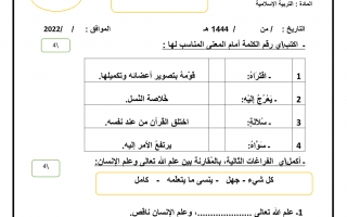 امتحان منتصف الفصل التربية الإسلامية الصف السادس الفصل الأول