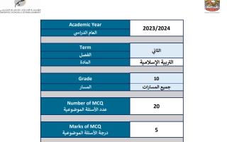 هيكل امتحان التربية الإسلامية الصف العاشر الفصل الثاني 2023-2024
