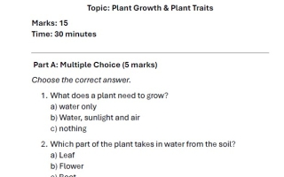 اختبار التقويم الأول Plant Growth & Plant Traits العلوم المتكاملة الصف الثالث الفصل الثاني