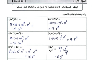 حل نموذج امتحان الجزء الكتابي الرياضيات المتكاملة الصف الثامن عام