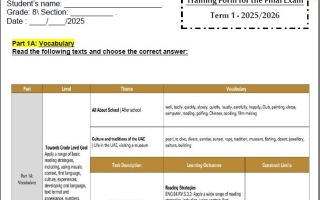 نموذج تدريبي Training Form for the Final Exam اللغة الإنجليزية الصف الثامن