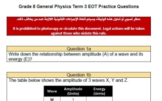 تدريبات Practice Questions حسب الهيكل العلوم المتكاملة الصف الثامن الفصل الثالث