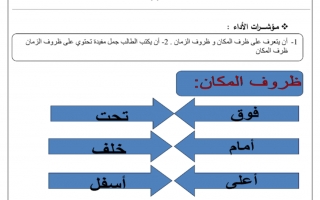 ورقة عمل درس ظرف الزمان والمكان لغة عربية الصف الثاني - نموذج 5