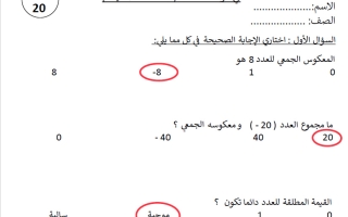 حل اختبار الوحدة الثالثة (الأعداد الصحيحة) رياضيات الصف الثامن الفصل الأول