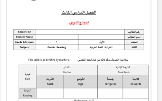 امتحان تدريبي عربي صف اول فصل ثالث