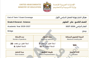 هيكل اختبار نهائي علوم الصف التاسع عام الفصل الأول 2026-2027