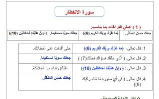 حل أوراق عمل سورة الانفطار تربية اسلامية الصف الخامس الفصل الأول