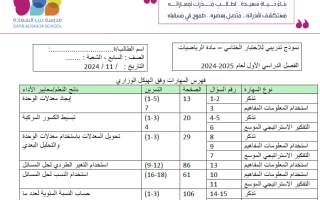 نموذج تدريبي للاختبار الختامي رياضيات الصف السابع الفصل الأول
